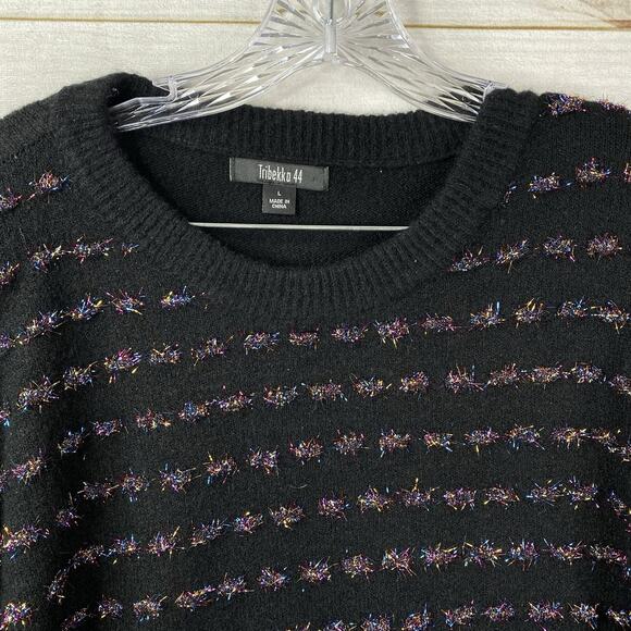 Tribekka 44 Sweater Womens Large Pullover Black Fuzzy Multicolor Artsy Stretch - Picture 2 of 9
